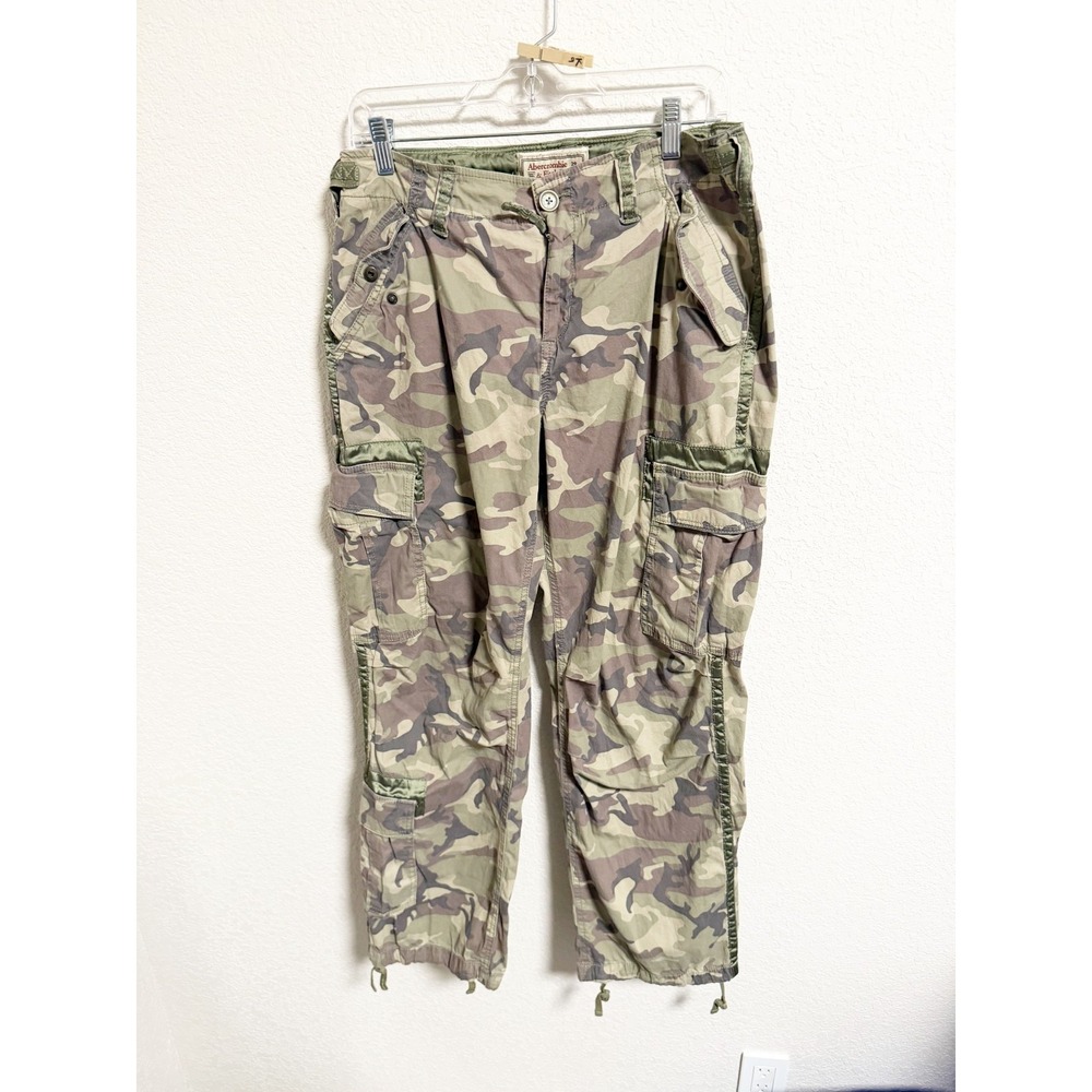 Abercrombie & Fitch 2000s Utility Cargo Pants Satin Trim Olive‎ Camo Size 29 8R